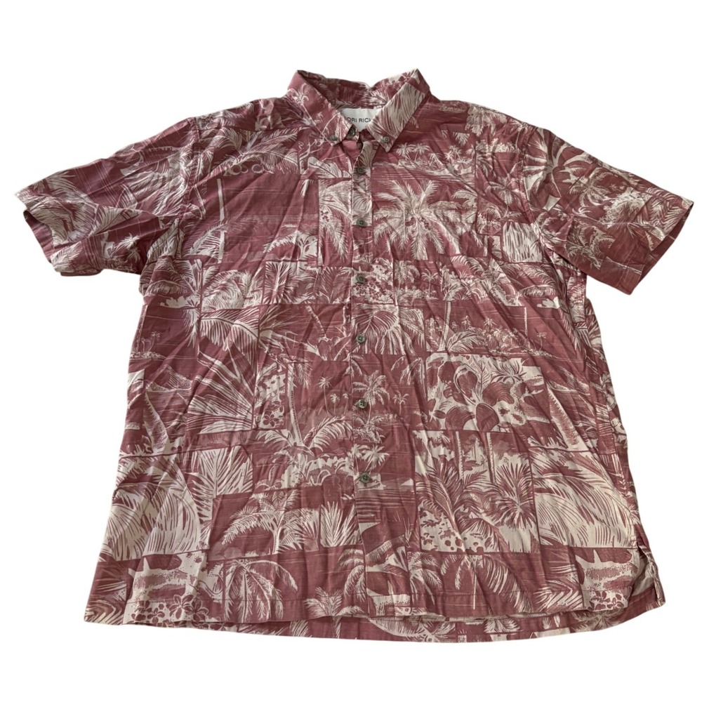 Tori Richard Shirt Mens XL Pink Cotton Block Print Palm Tree Hawaiian Aloha